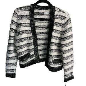 Calvin Klein Black & White Bouclé Striped Open Front Cardigan Sweater – Size S